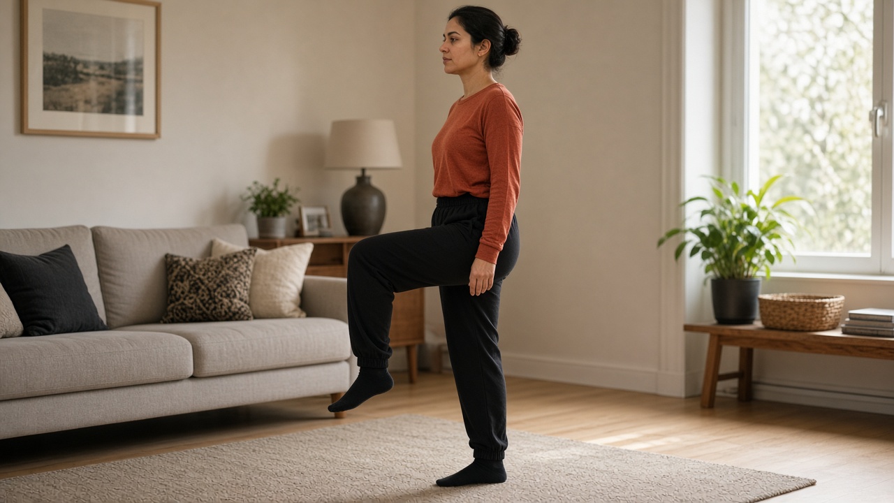 Woman in a rust long-sleeve top and black joggers marching in place in a living room