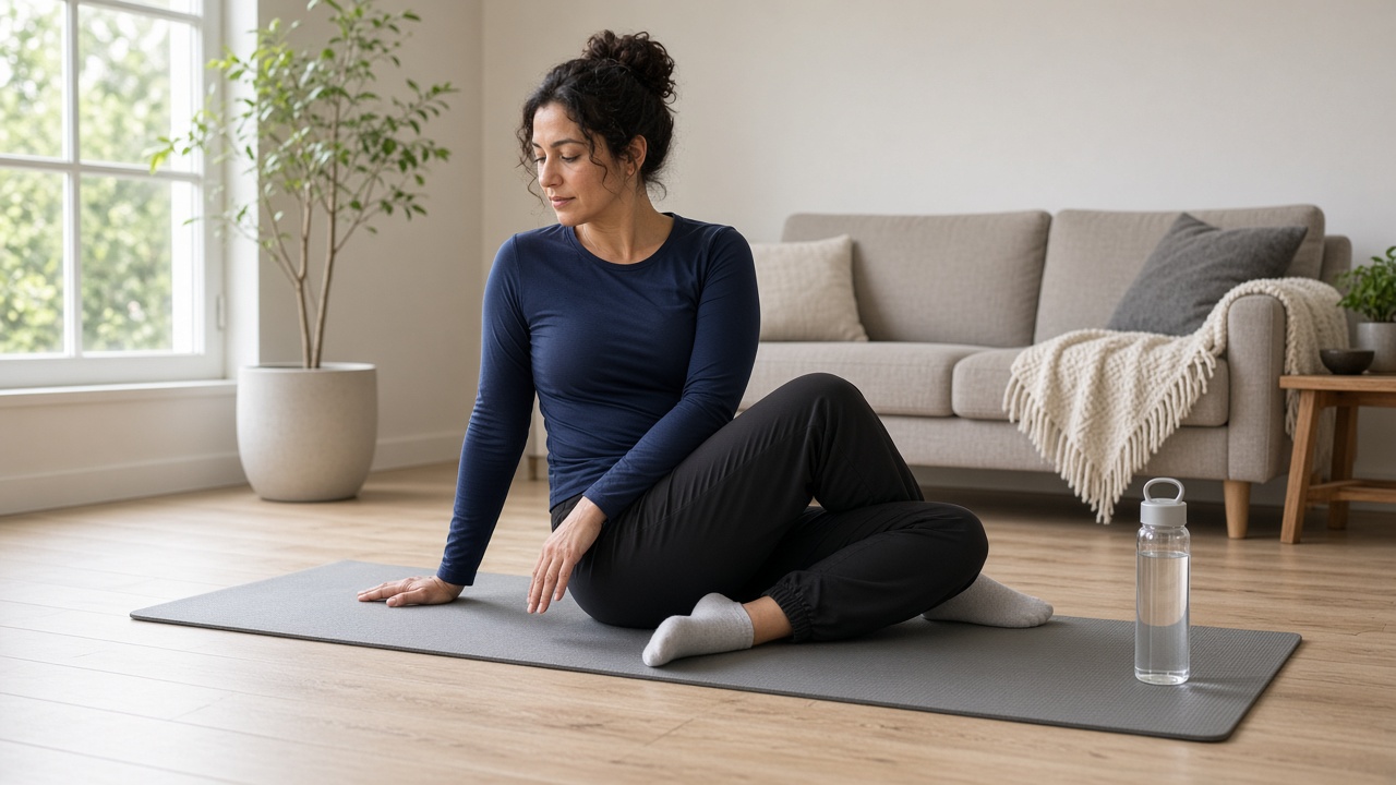Woman in a navy long-sleeve top and black joggers performing a seated hip opener on a grey yoga mat