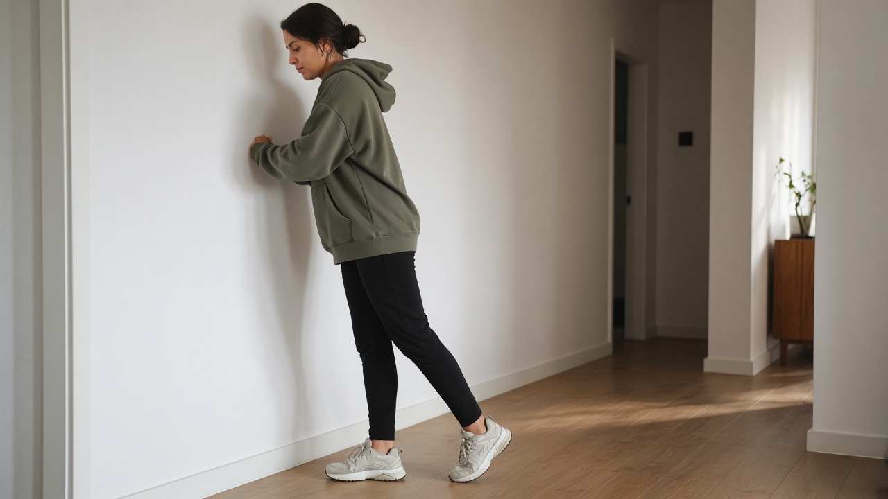 Woman in an olive hoodie and black trousers doing a standing calf stretch against a white wall