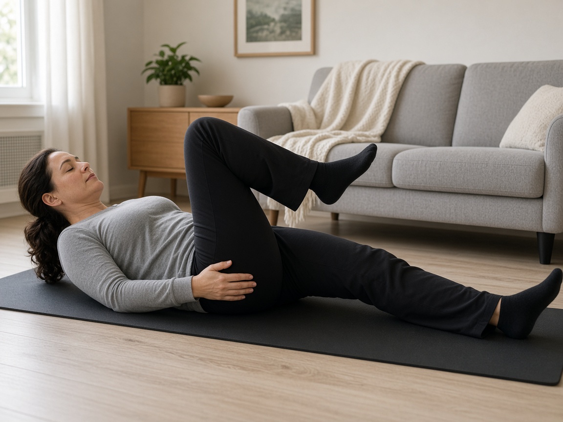 An adult in a grey long-sleeve top lies on a living-room mat with one ankle crossed over the opposite knee