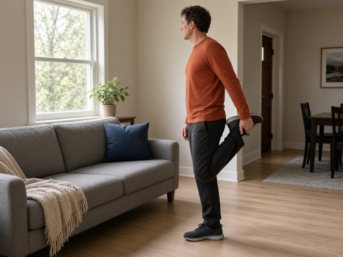 An adult in a rust long-sleeve shirt stands beside a sofa holding one ankle behind them