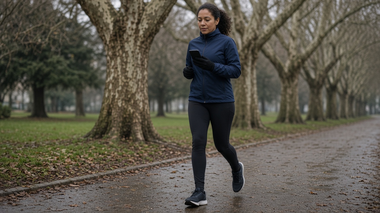 A woman in a navy jacket jogging through a park while holding a dark smartphone