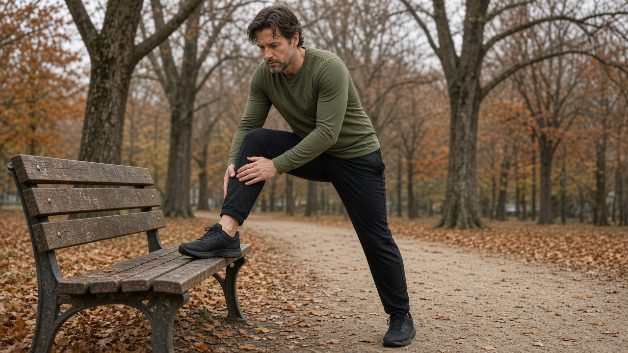 A man in a long-sleeve top stretching a calf against a park bench after a run