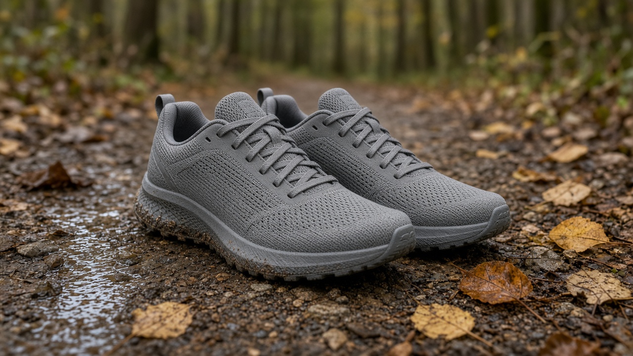 A pair of plain grey running shoes on a wet woodland trail
