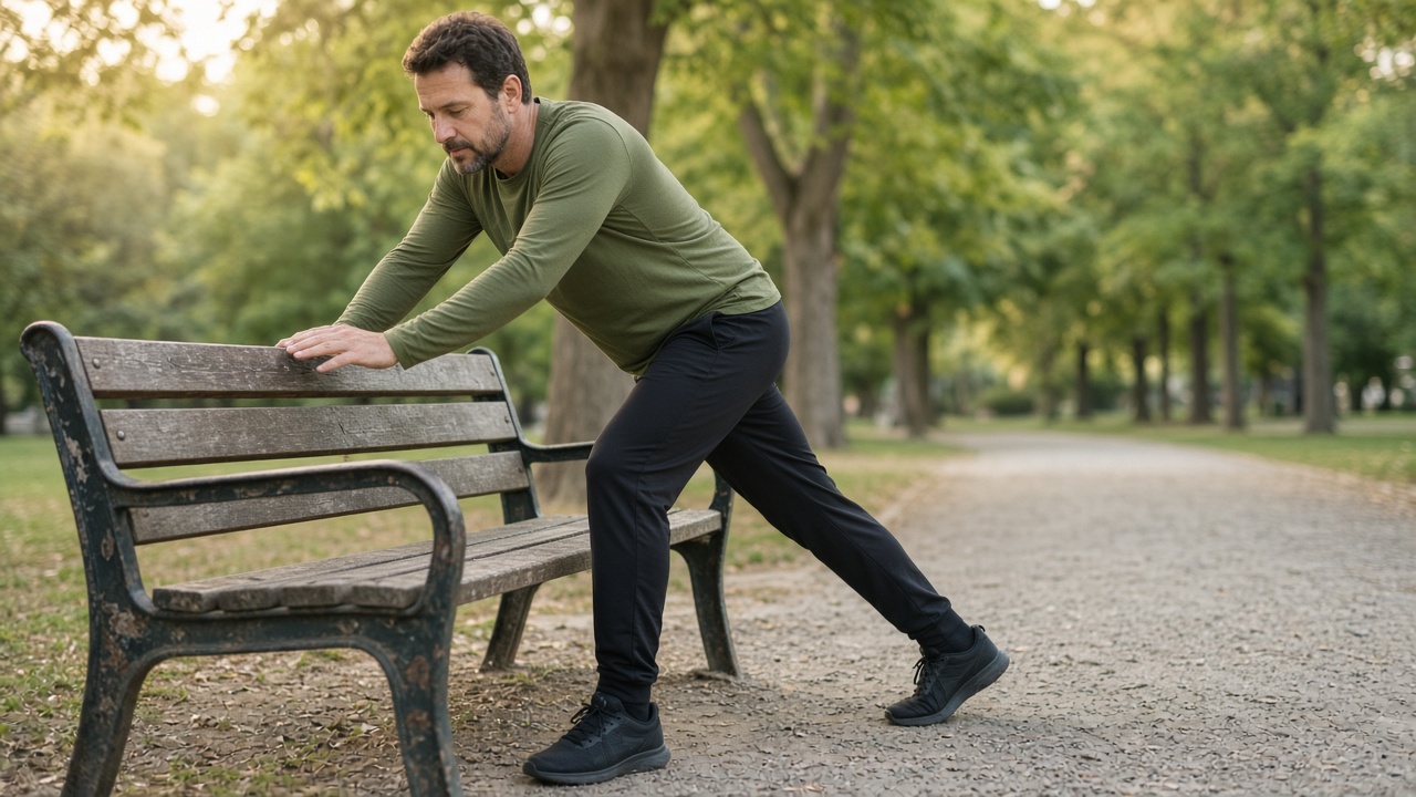 A man in a long-sleeve top stretches a calf against a park bench after a run