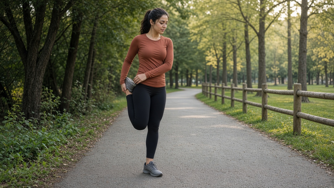 A woman in a long-sleeve top stretches her quadriceps on a quiet park path after a run