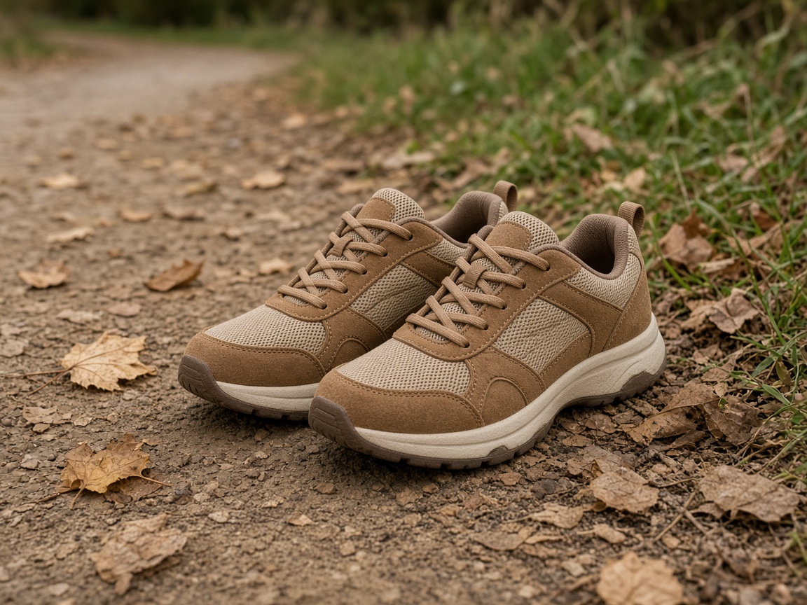 A pair of plain tan walking shoes on a packed-earth park path beside grass