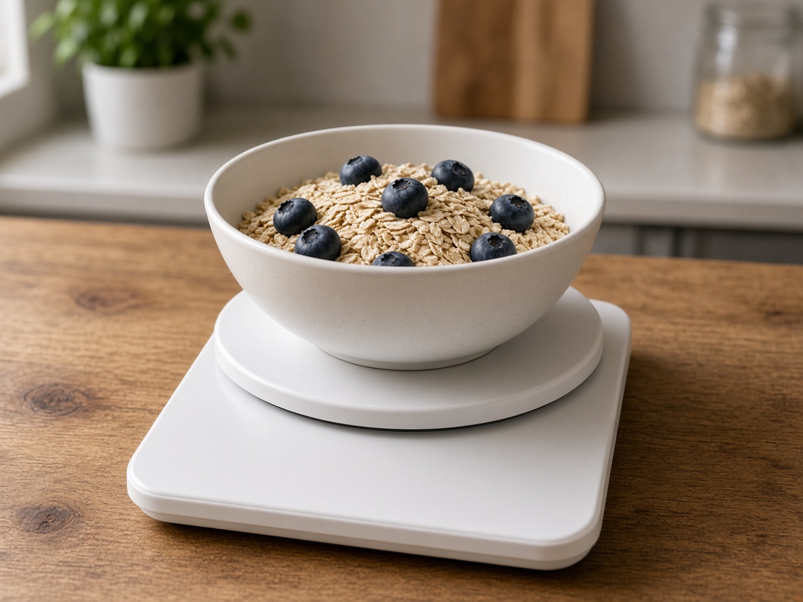 A plain digital kitchen scale on a wooden table with a bowl of oats and blueberries