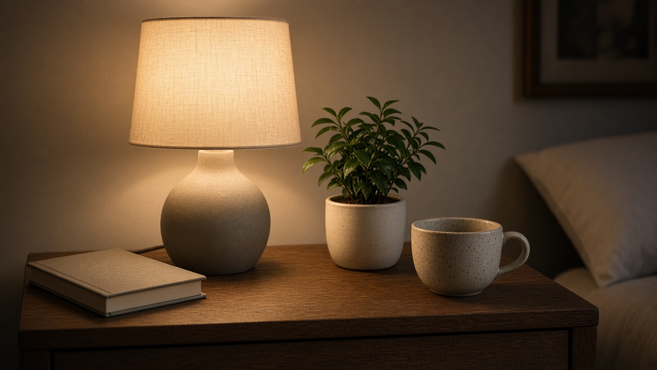 A bedside table with a warm lamp, a small plant and a ceramic cup in evening light