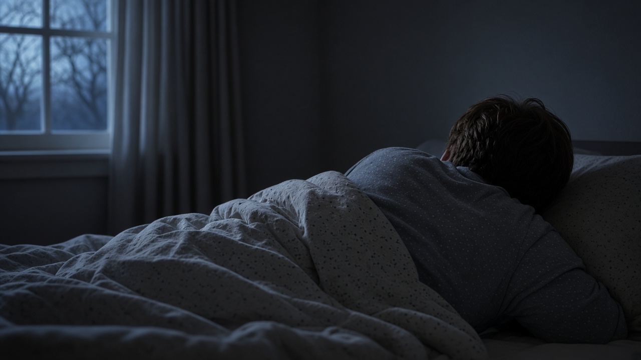 A person sleeping on their side under a duvet in a dark bedroom, only a long-sleeve shoulder visible