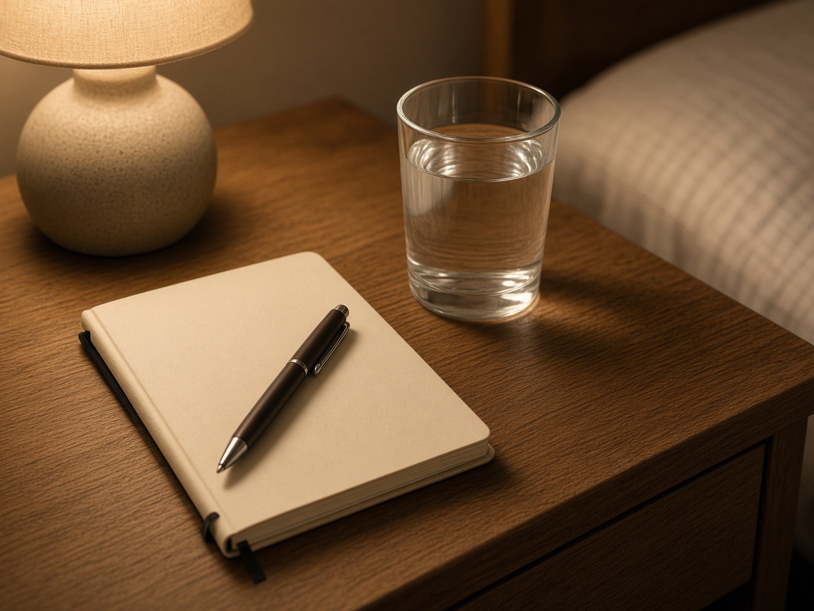 A wooden nightstand with a small lamp, a closed notebook, a pen and a glass of water
