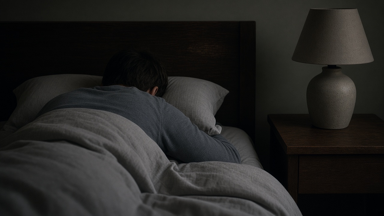 A person sleeping on their side under a duvet in a dim bedroom, only a long-sleeve shoulder visible