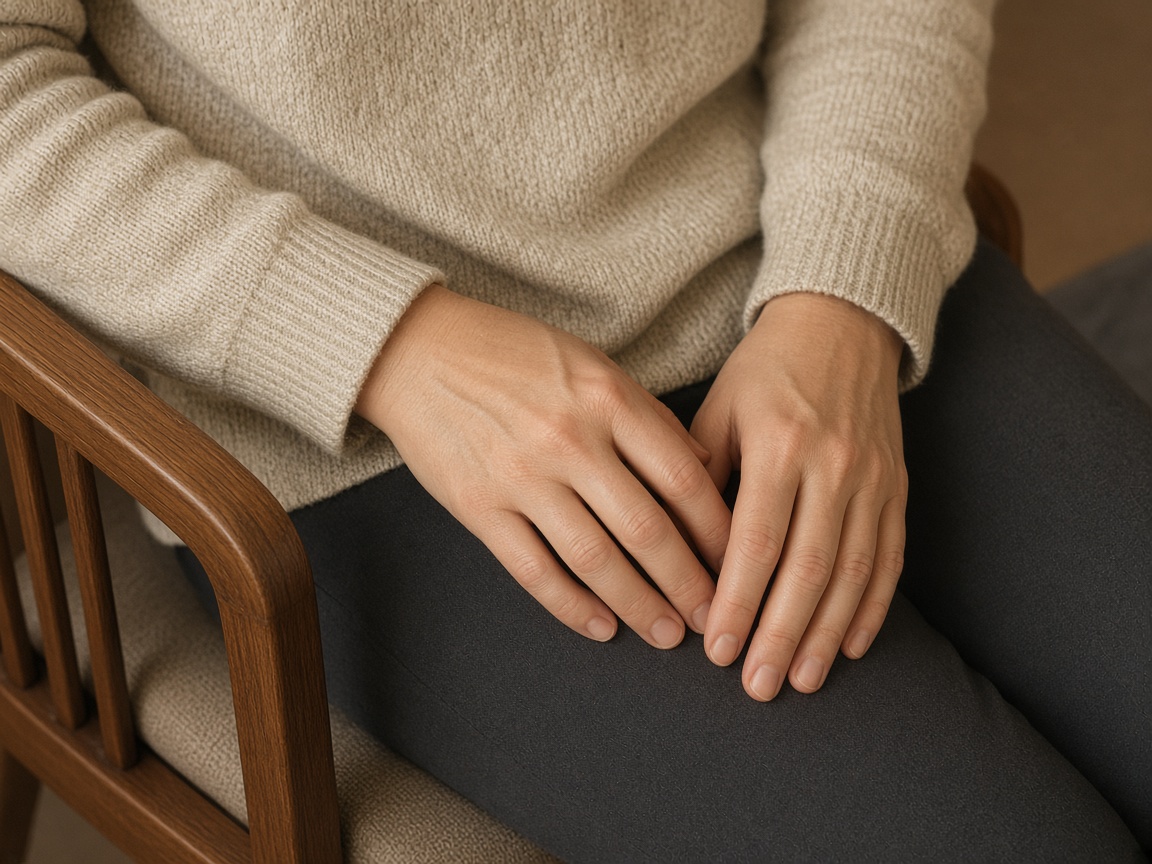 Hands resting in a lap, wearing a long-sleeve knit sweater
