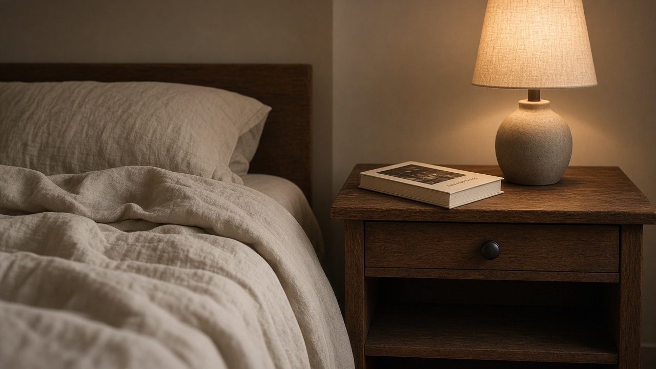 A wooden nightstand with a paperback book and a warm lamp beside linen sheets