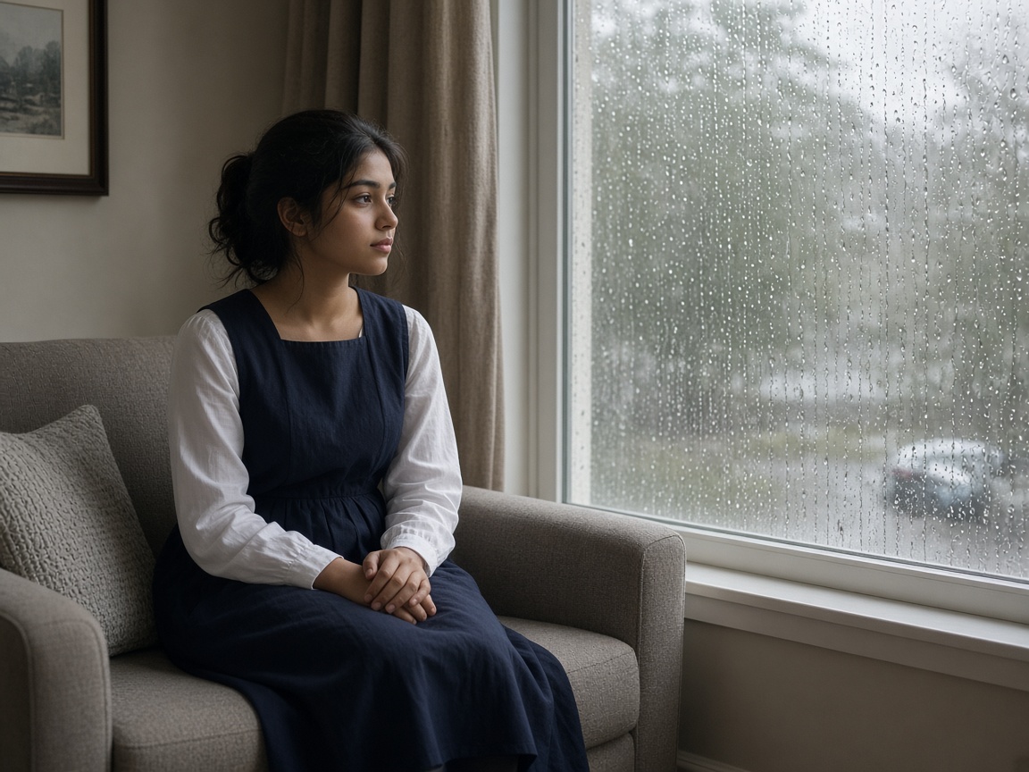 A person in a navy jumper sitting on a sofa and looking out a rain-streaked window