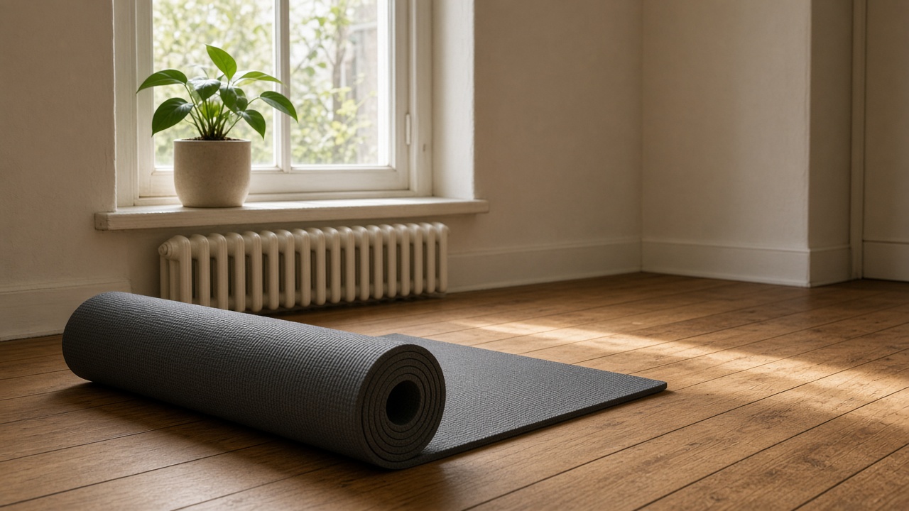 A rolled exercise mat on a wooden floor beside a window and a houseplant