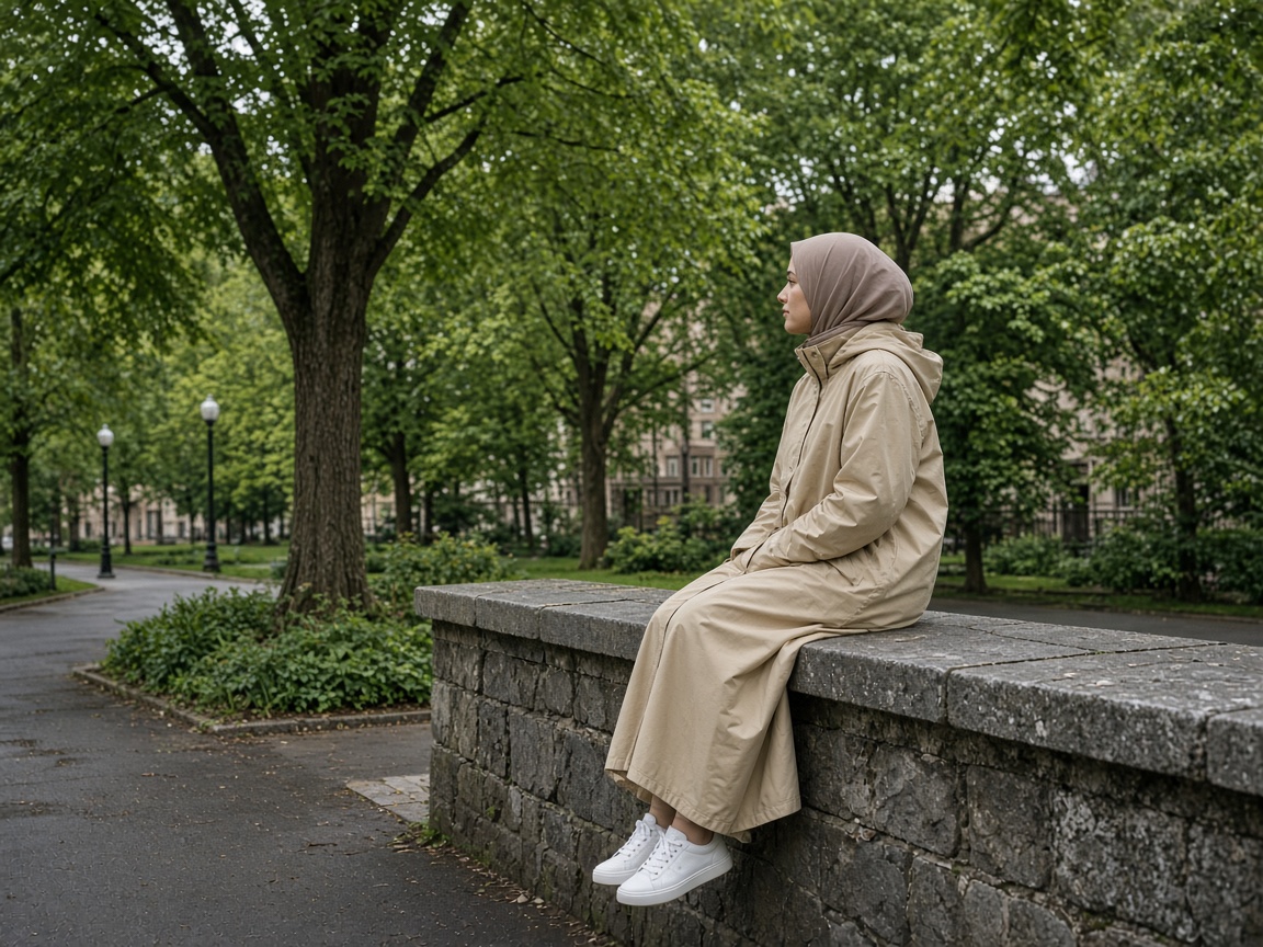 A person in a beige raincoat sitting on a stone wall in a city park looking at trees