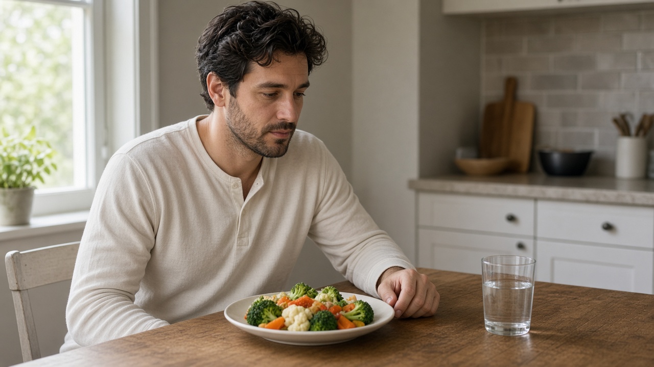 A man in a cream shirt sitting at a kitchen table with a glass of water and a plate of mixed vegetables