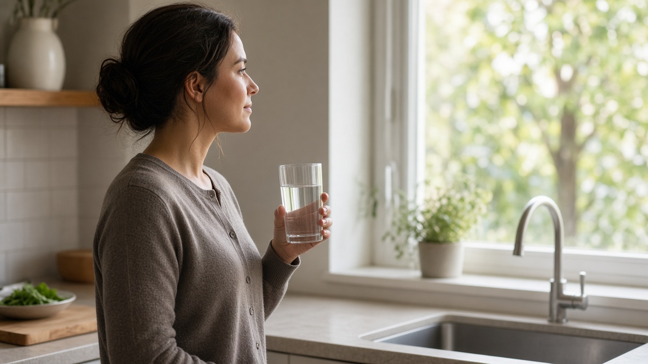 A woman in a cardigan standing at a kitchen window holding a clear glass of water