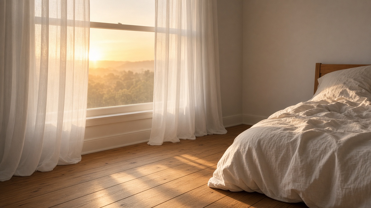 Soft sunrise light through sheer curtains onto a rumpled white bed and wooden floor