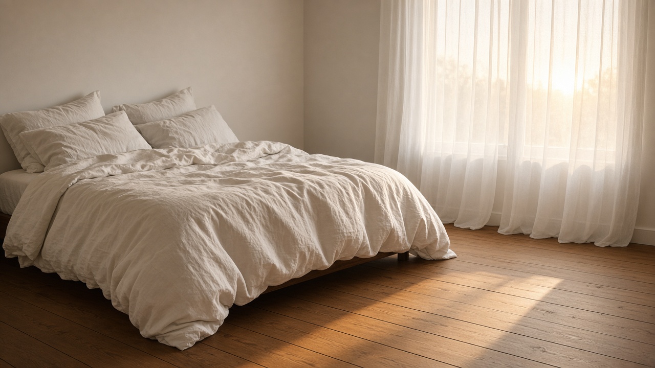 Soft sunrise light through sheer curtains onto a rumpled white bed and wooden floor