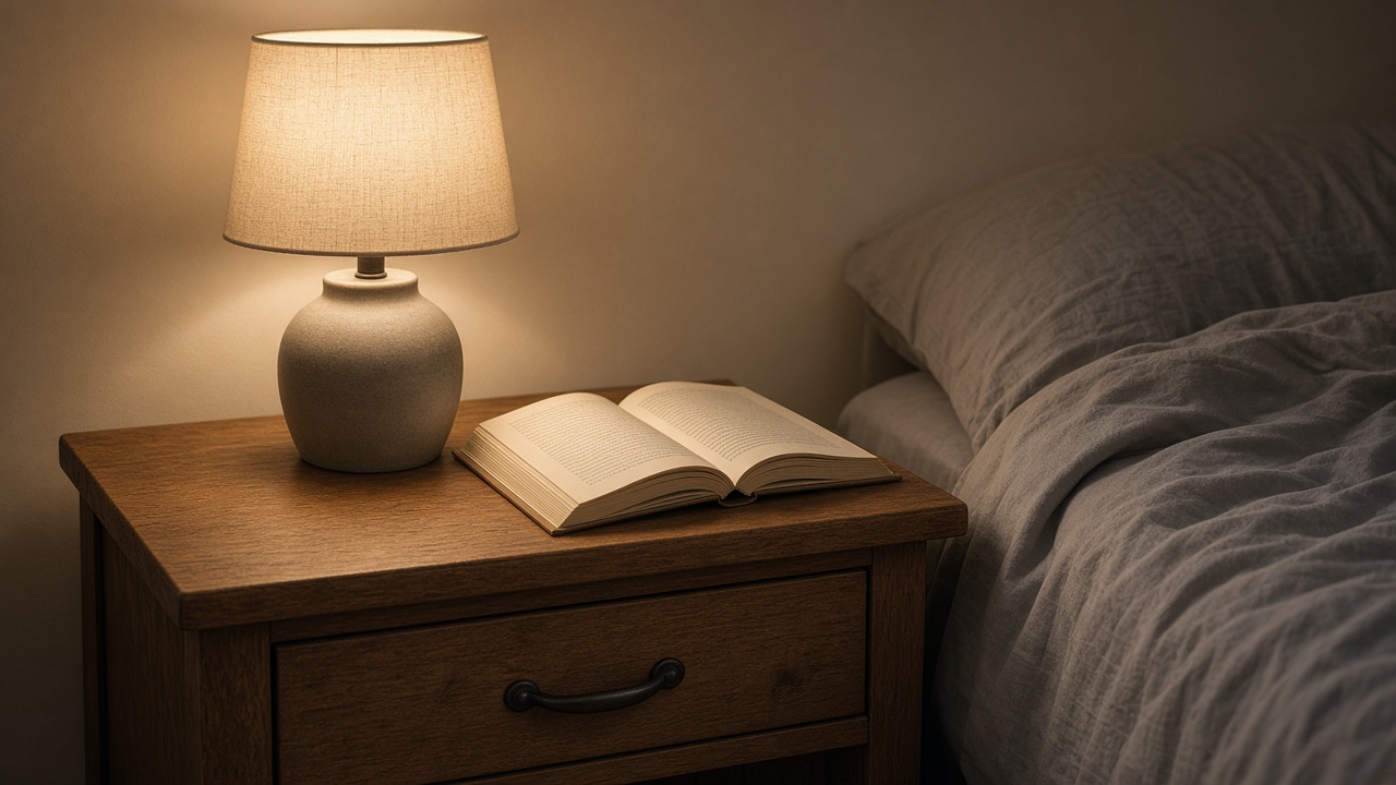 A wooden nightstand with a fabric-shade lamp and an open paperback beside a grey duvet