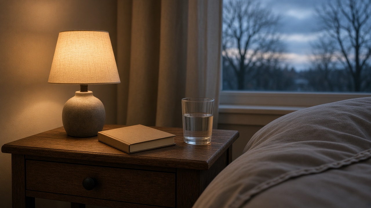 A wooden nightstand with a warm fabric-shade lamp, a paperback and a glass of water beside a rumpled duvet