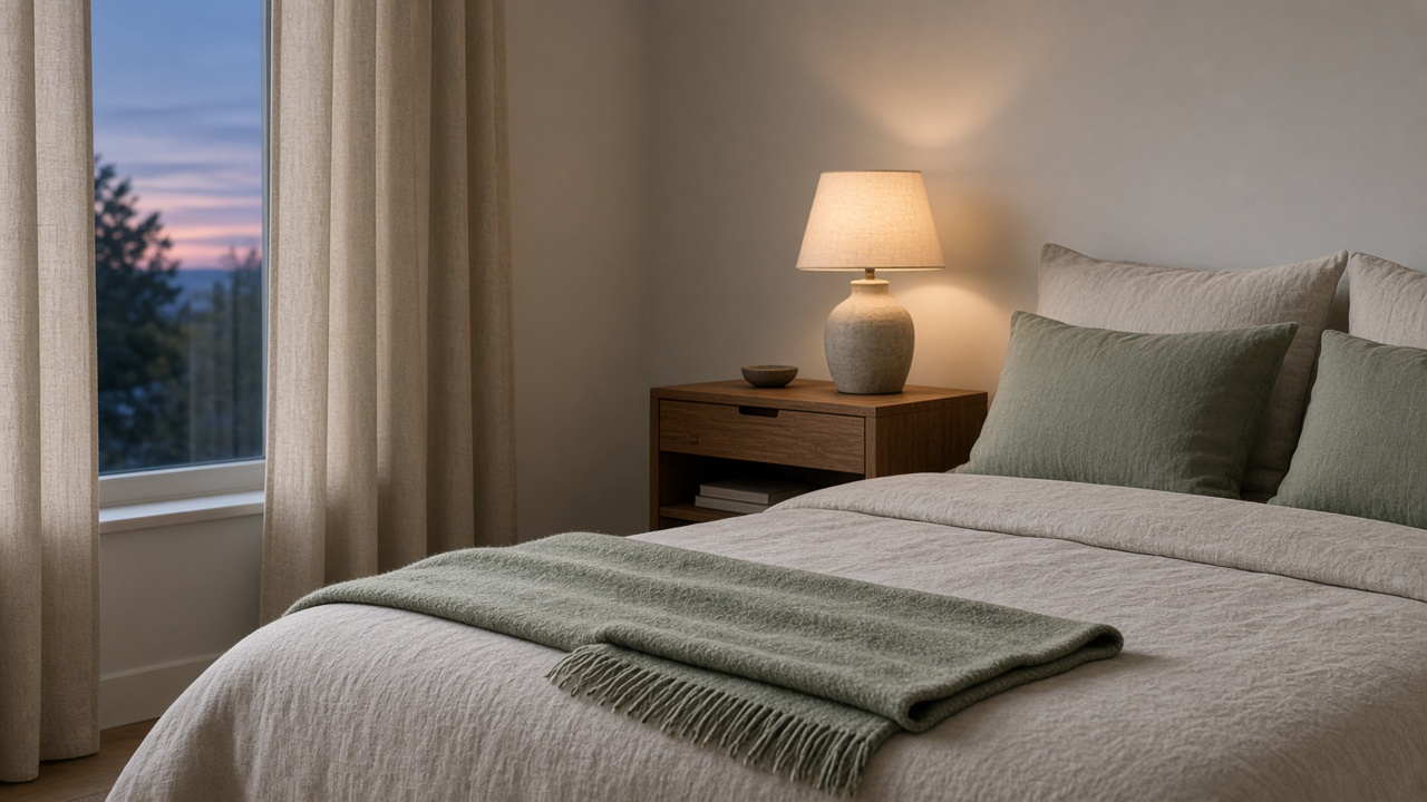 A quiet bedroom at dusk with a sage throw at the foot of a made bed and a ceramic lamp on a wooden nightstand