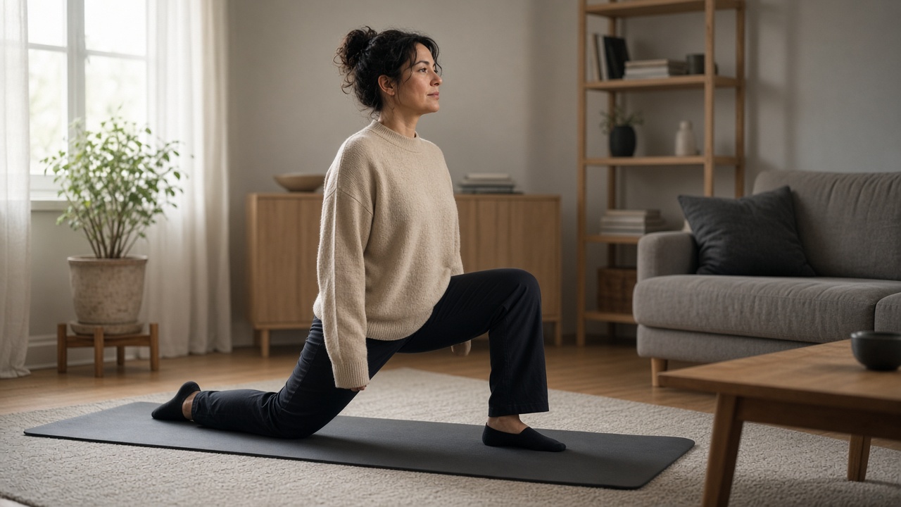 An adult in a beige sweater doing a hip-flexor stretch on a yoga mat in a living room