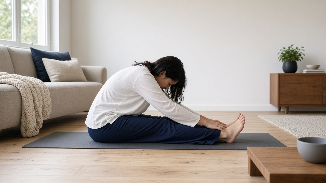 An adult in a long-sleeve shirt sitting on a yoga mat in a seated forward fold