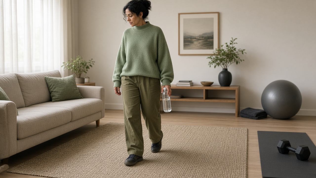 An adult in a sweater walking across a living-room rug with a plain water bottle