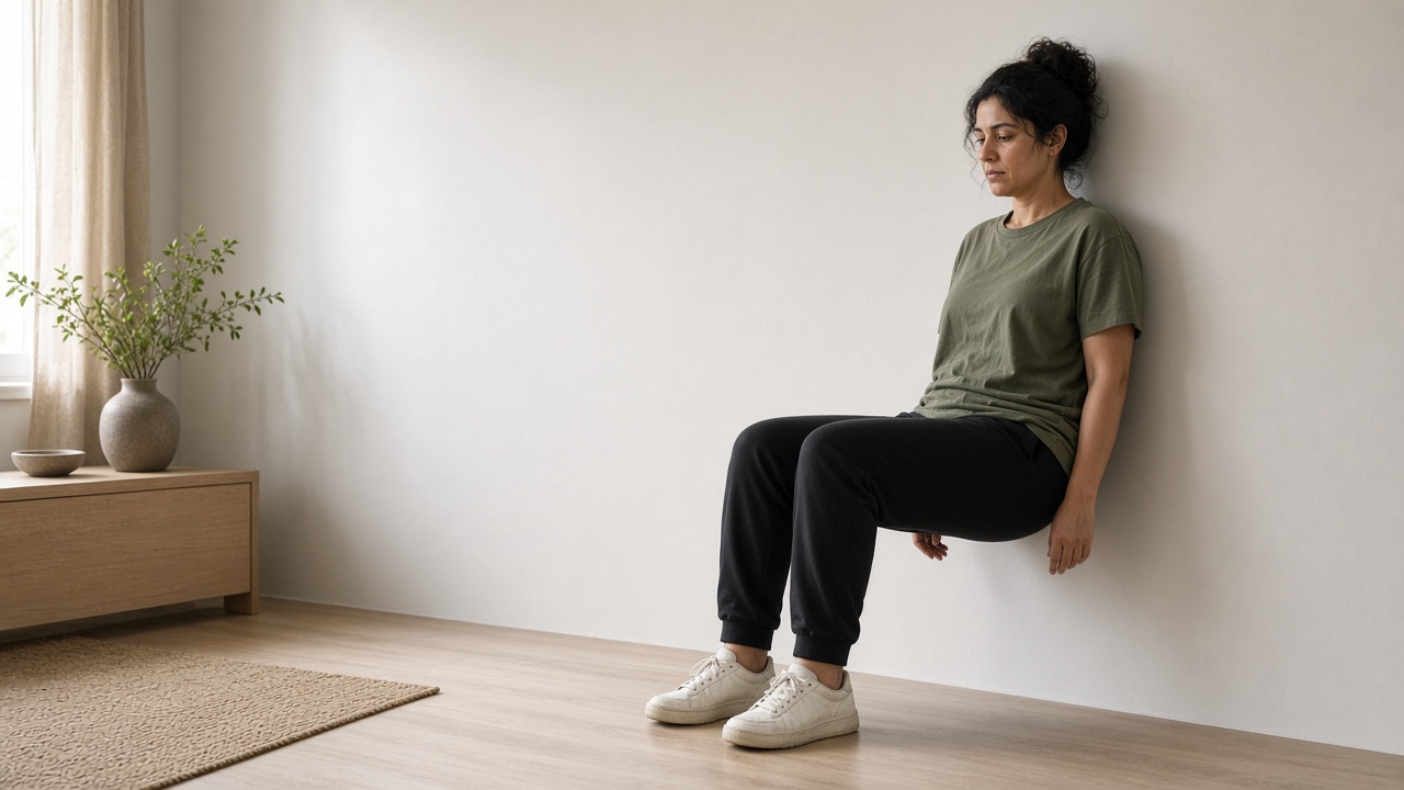 An adult in a loose t-shirt and joggers holding a wall sit in a living room
