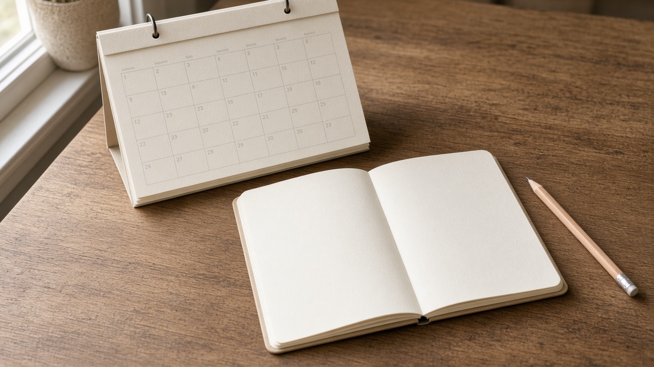 A paper calendar and an open notebook on a wooden table with a pencil