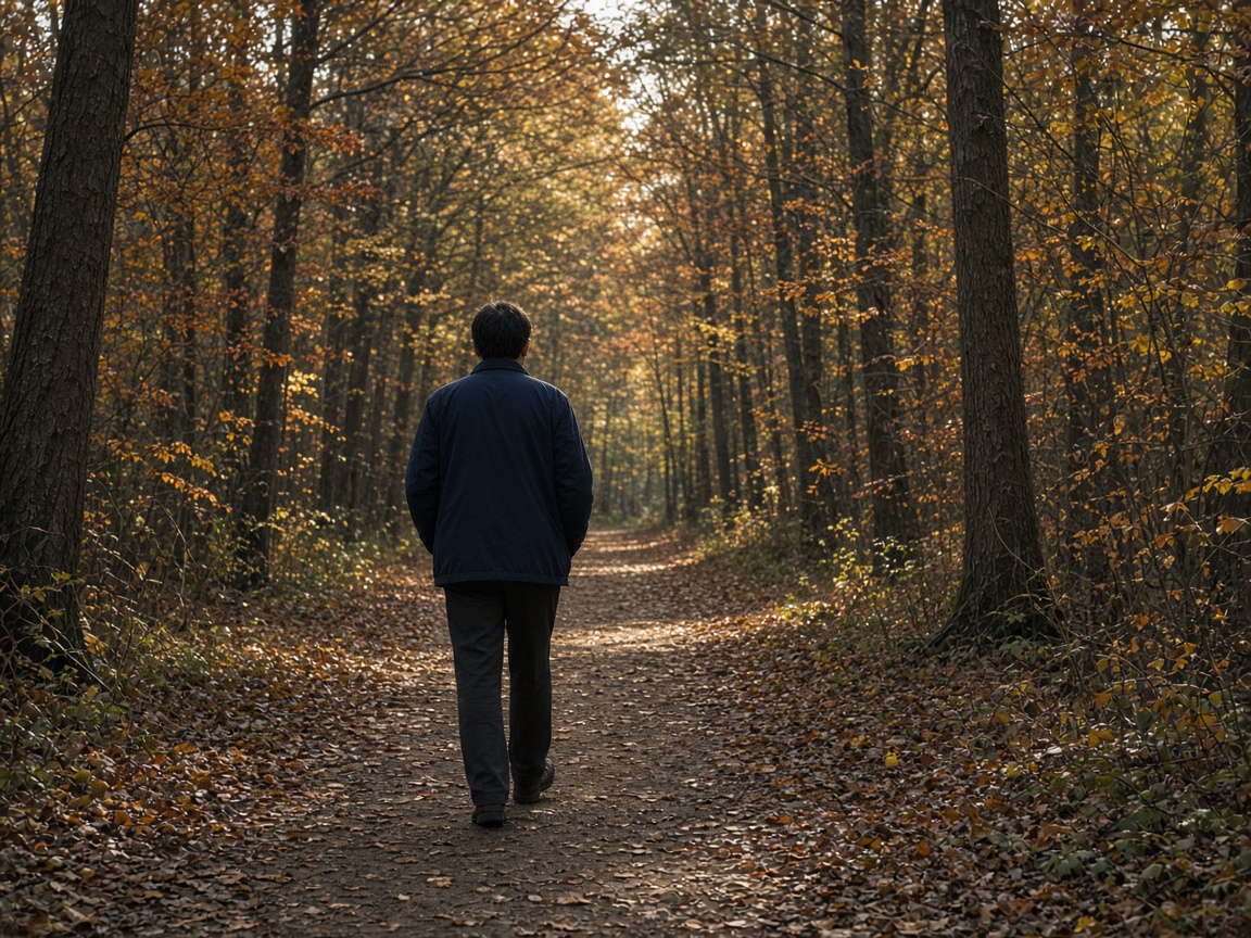 A person in a navy jacket walking away along a woodland path in autumn light