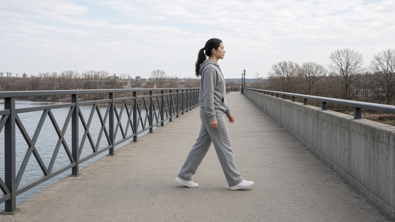 A woman in a grey hoodie walking across a pedestrian bridge in daylight