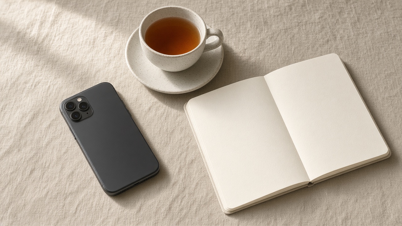 A face-down phone beside a cup of tea and an open blank notebook on a linen cloth