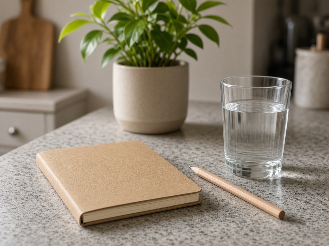 A brown paper diary, a pencil and a glass of water on a kitchen counter