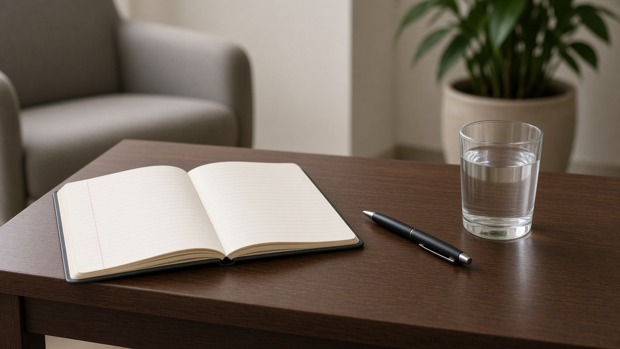 An open lined notebook and a pen on a side table beside a glass of water