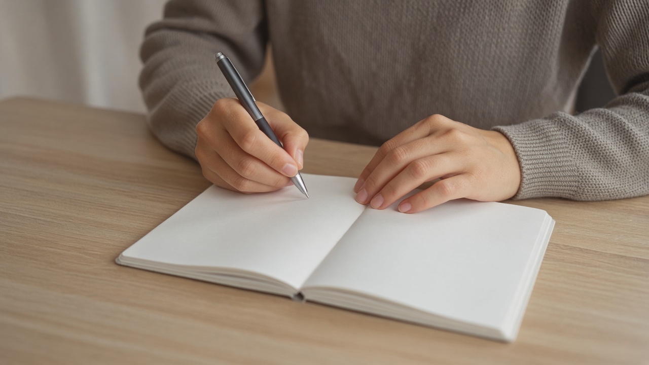 Hands in a knit sleeve writing in an open notebook on a table in daylight