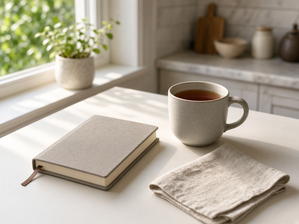 A closed notebook and a mug of tea on a pale kitchen table in morning light