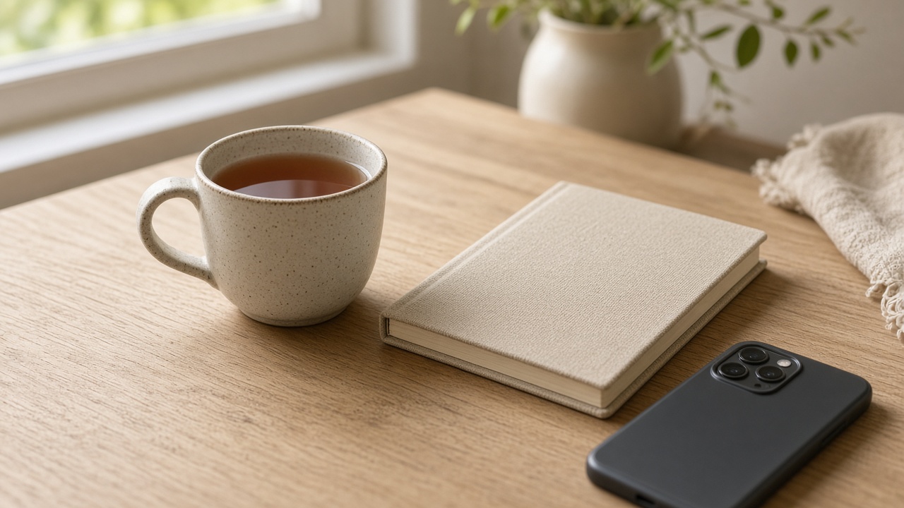 A ceramic mug of tea beside a closed notebook and a face-down phone on a pale oak table