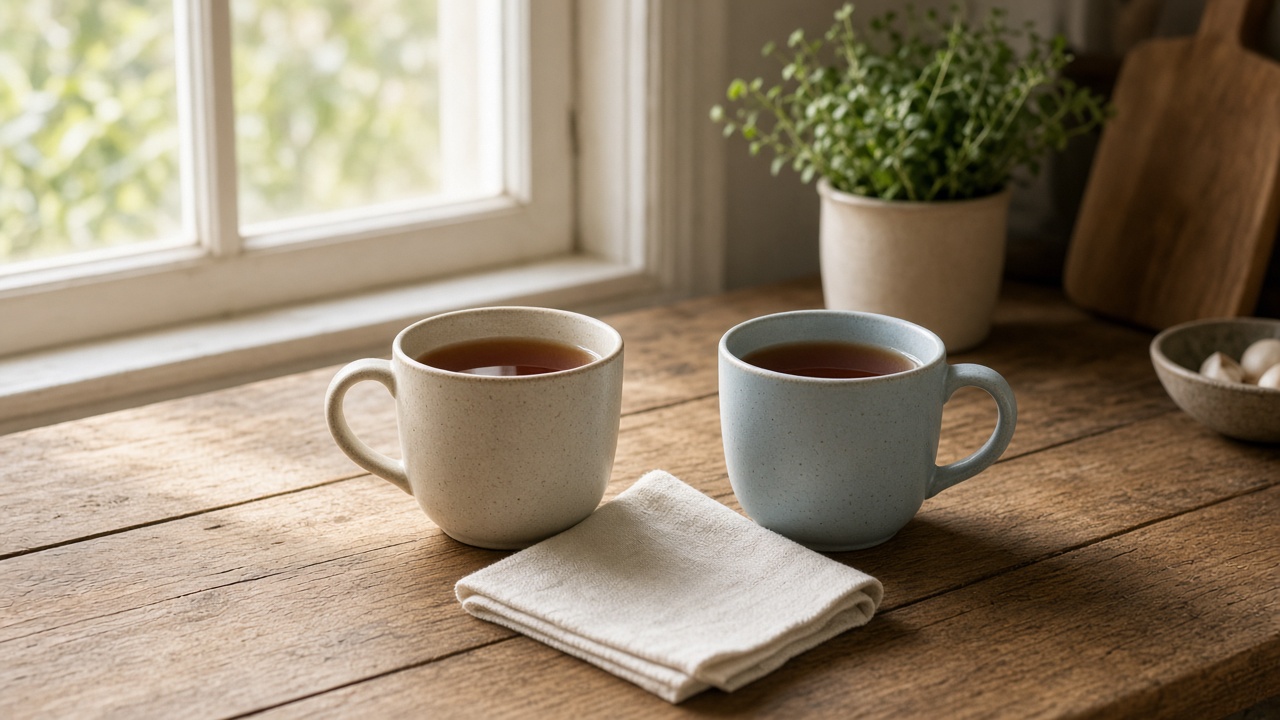 Two plain ceramic mugs of tea on a wooden kitchen table by a window