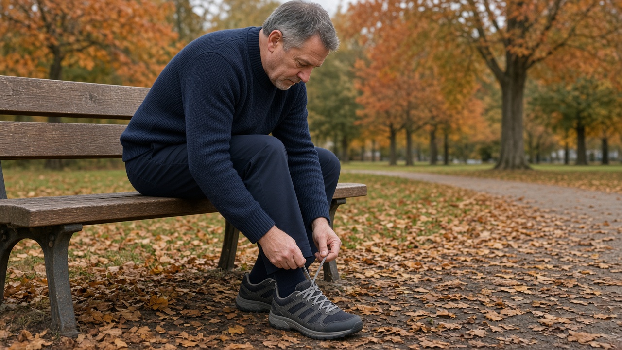 A person on a park bench tying walking shoes