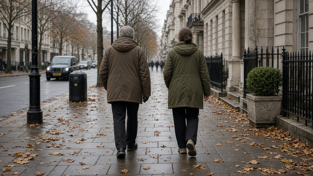 Two adults in autumn jackets walking away along a city pavement
