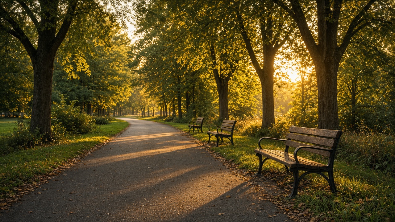 An empty park path with wooden benches and trees in warm light