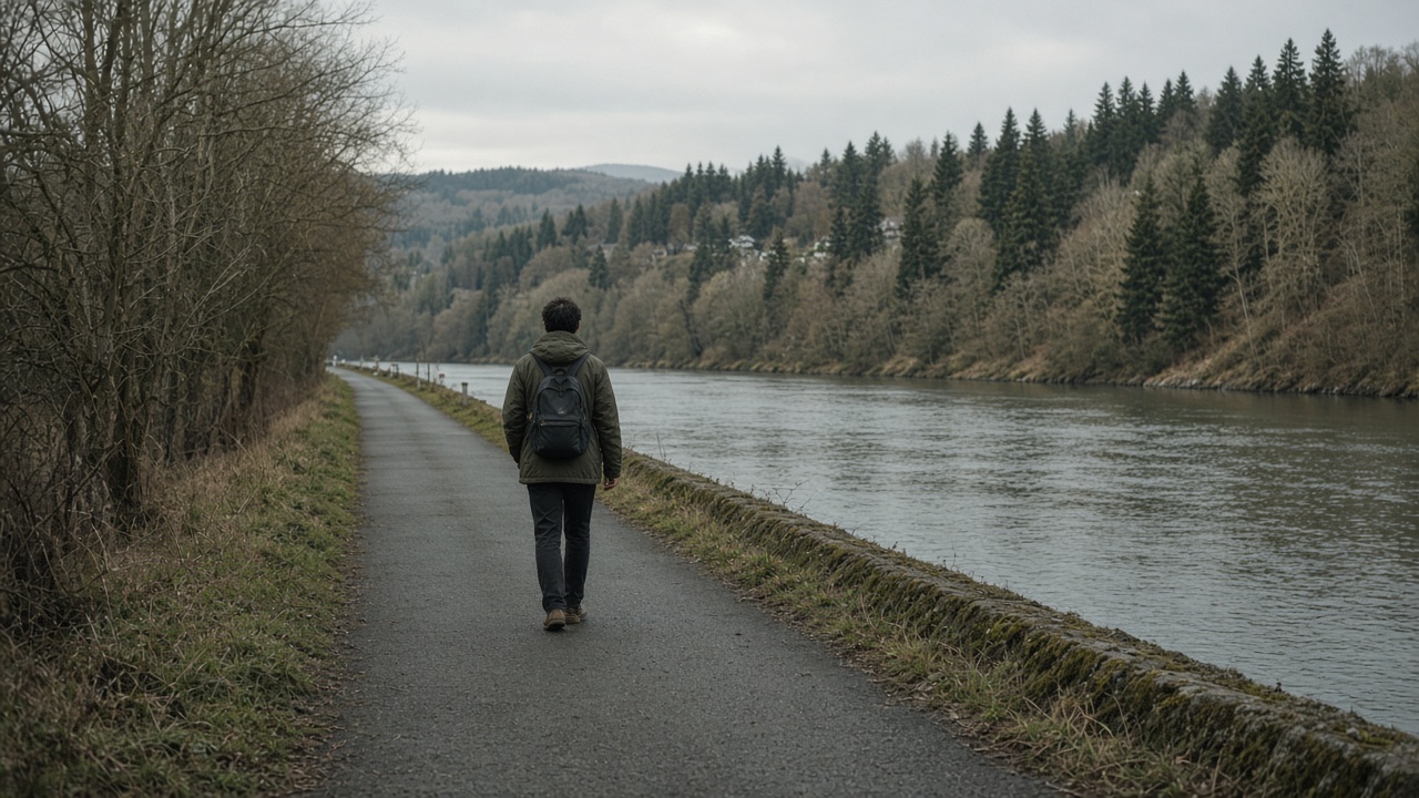 A person with a backpack walking a riverside paved path