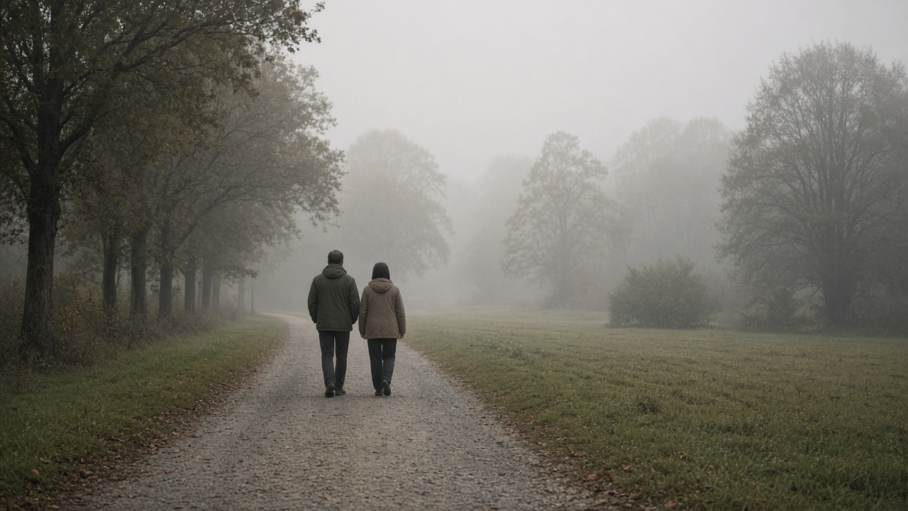 Two people in jackets walking a gravel park path seen from behind