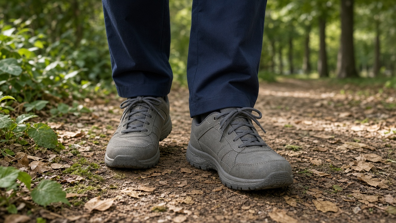 Unbranded walking shoes on a leafy park path