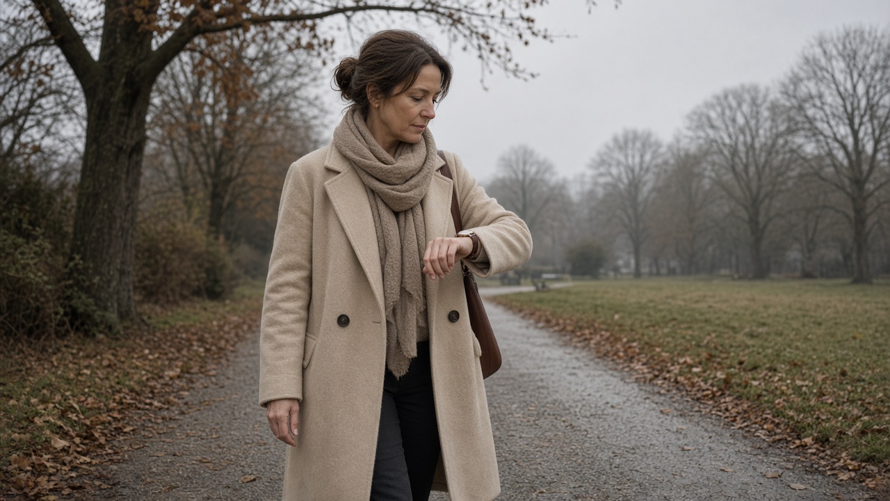 An adult in a beige coat checking a wristwatch on a quiet park path