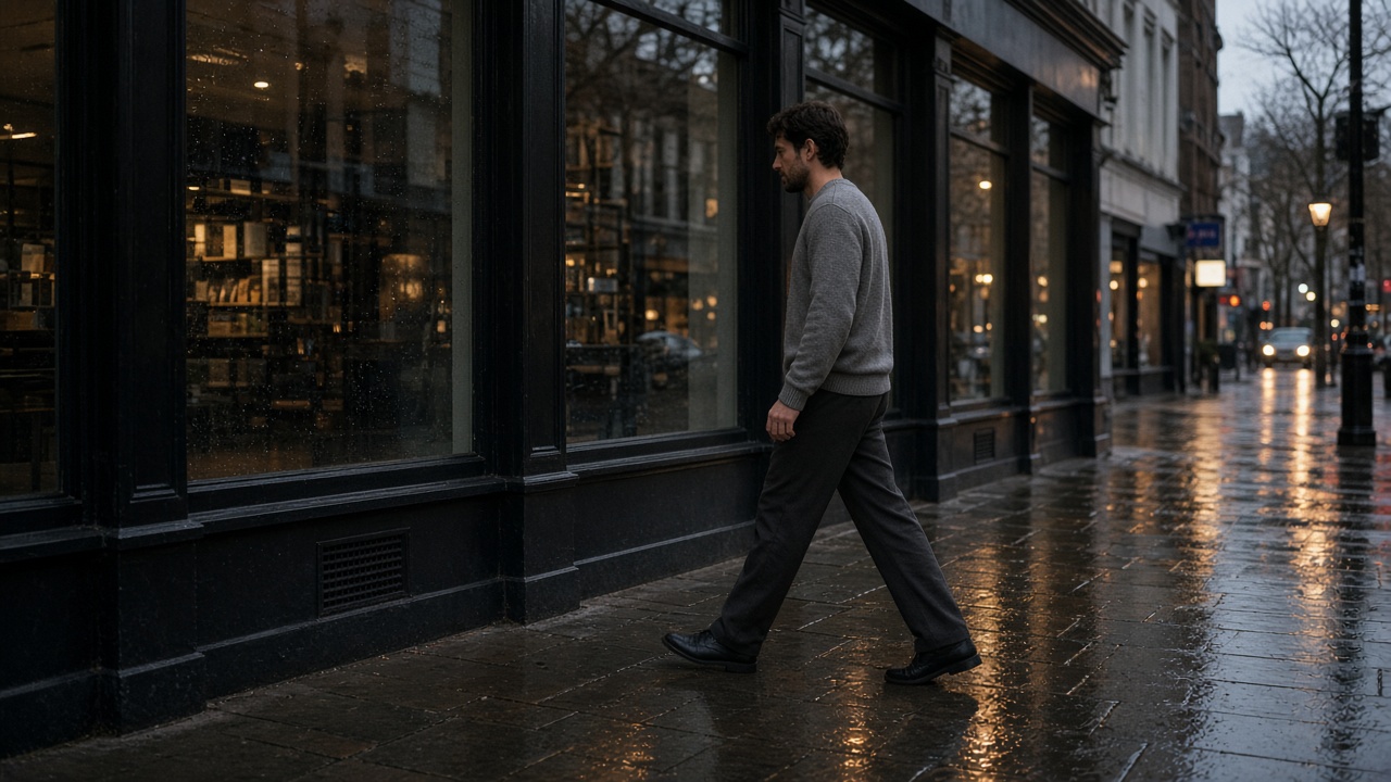 A person in a grey jumper walking a wet city street past shop windows